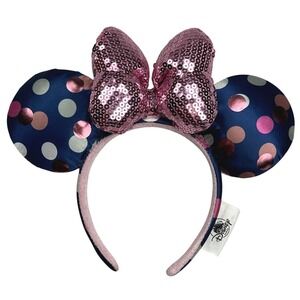 Disney Parks Minnie Mouse Ears Navy Blue Pink Polka Dot Sequin Bow Headband